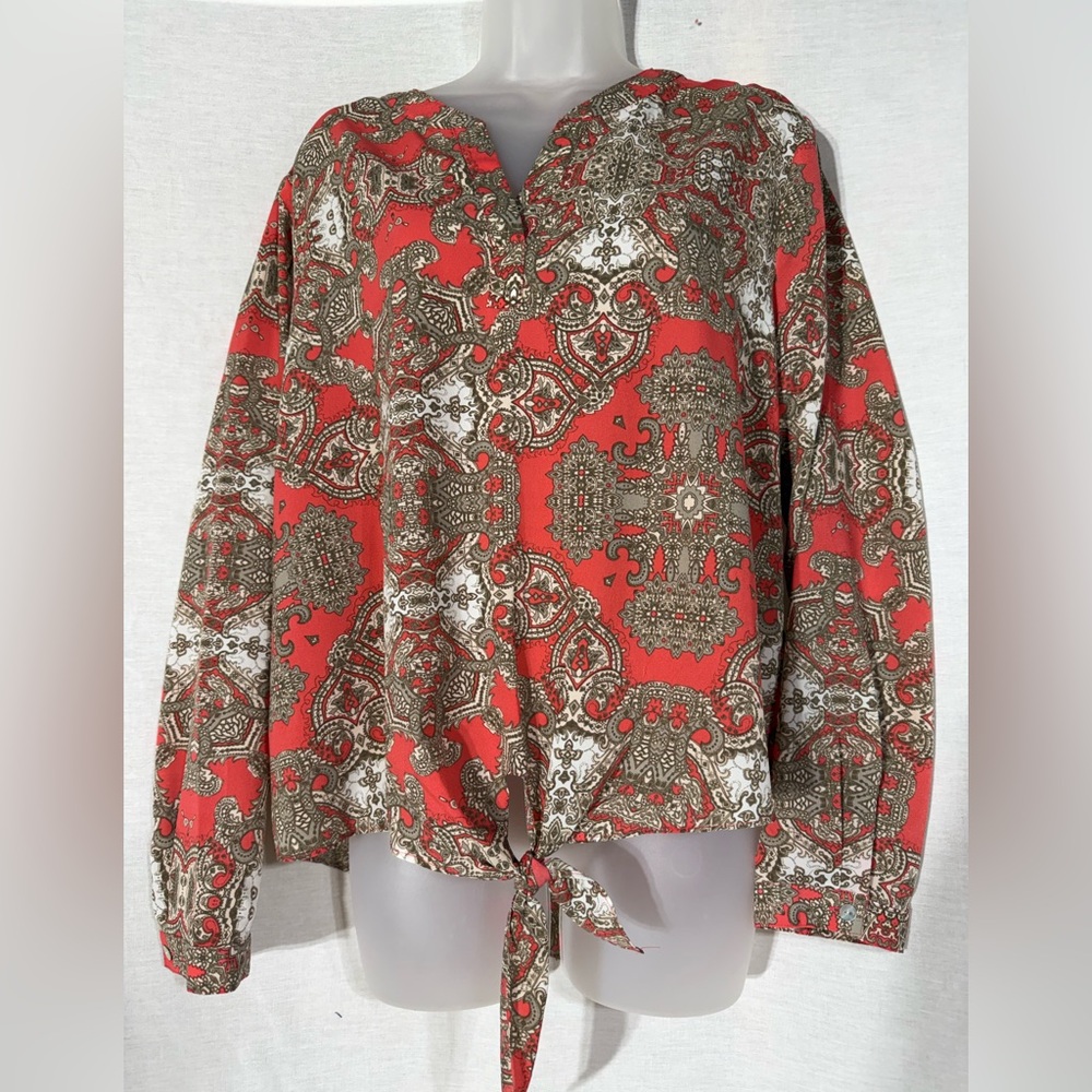 Chico's Red and Brown Patterned Tie front V-Neck Blouse Size 2/Large